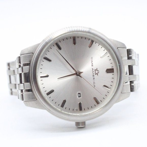 Time America Watch Mens Silver Tone Stainless Steel Classic Quartz Silver Dial - Picture 5 of 8